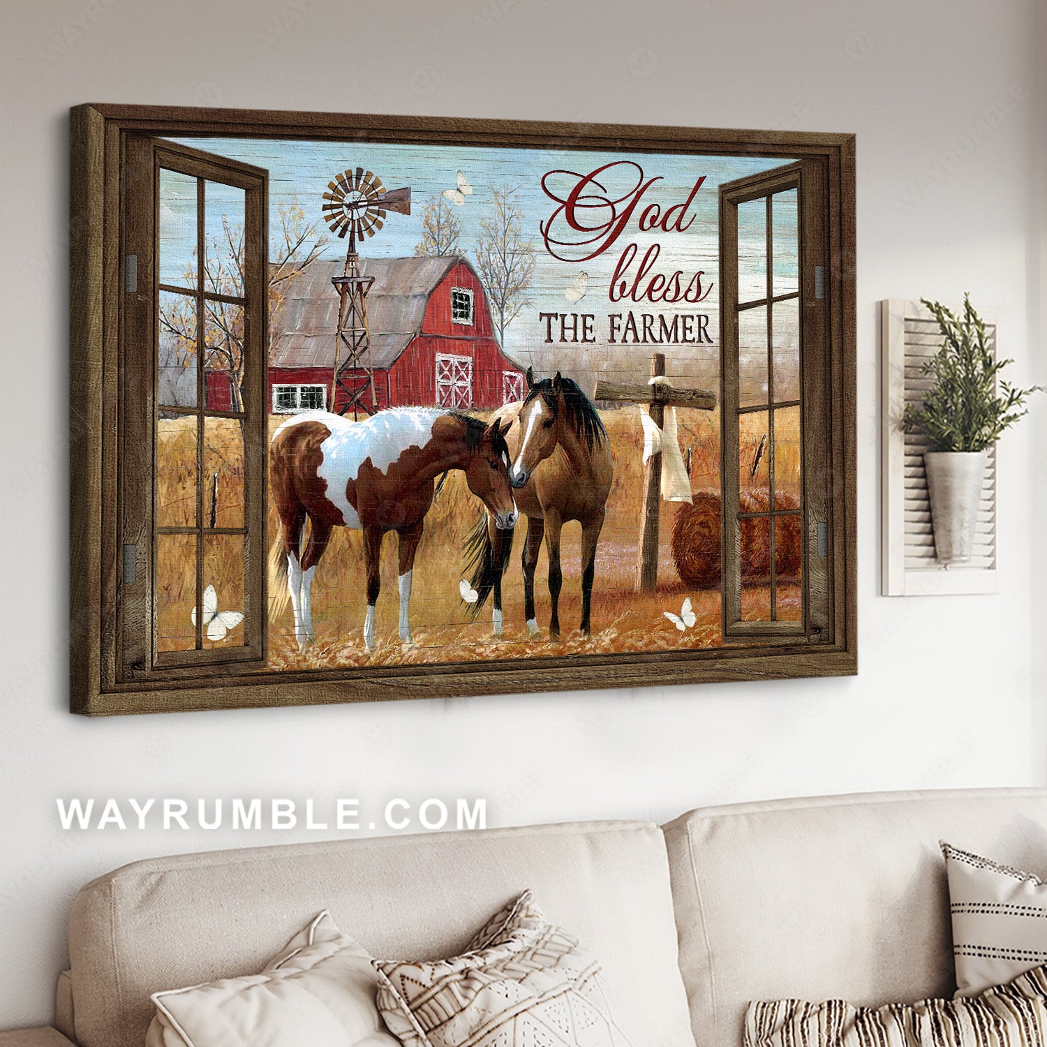 Brown horse, Wooden cross, Red barnhouse, God bless the farmer - Jesus Landscape Canvas Prints, Home Decor Wall Art