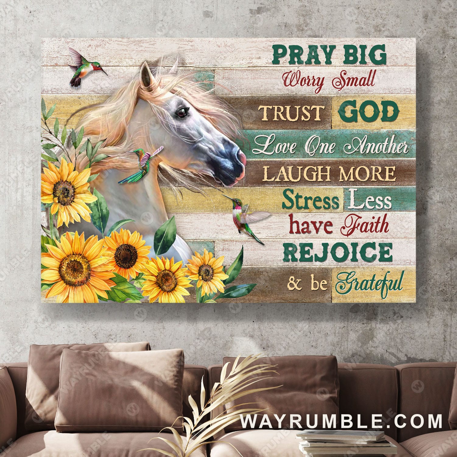Horse, Sunflower, Hummingbird, Pray big, worry small - Jesus Landscape Canvas Prints, Wall Art