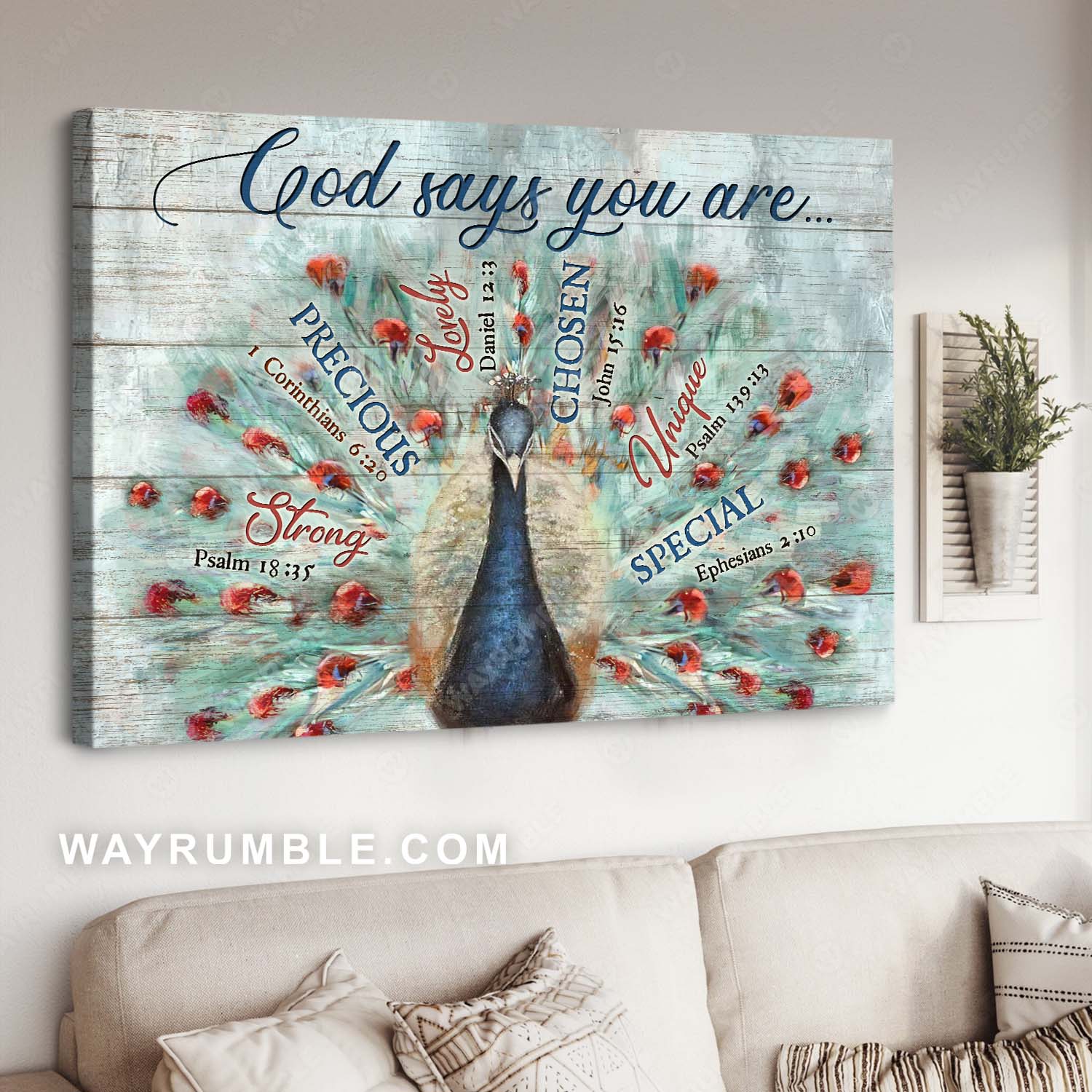 Blue Peacock painting, Bible verses, Vintage drawing, God says you are - Jesus Landscape Canvas Prints, Home Decor Wall Art
