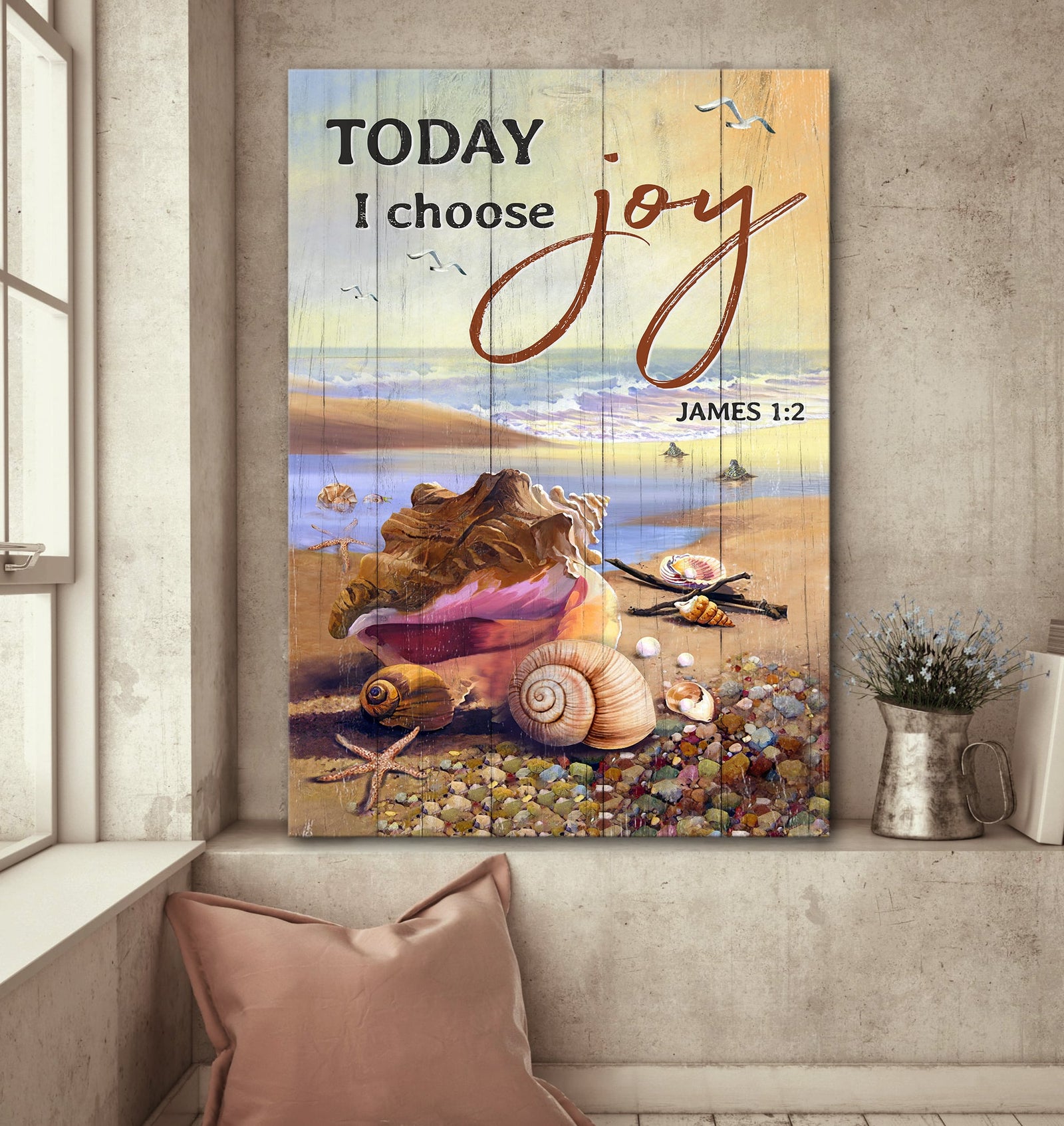 Sea snail shell, Seagull, Beach, Today I choose joy - Jesus Portrait Canvas Prints, Wall Art