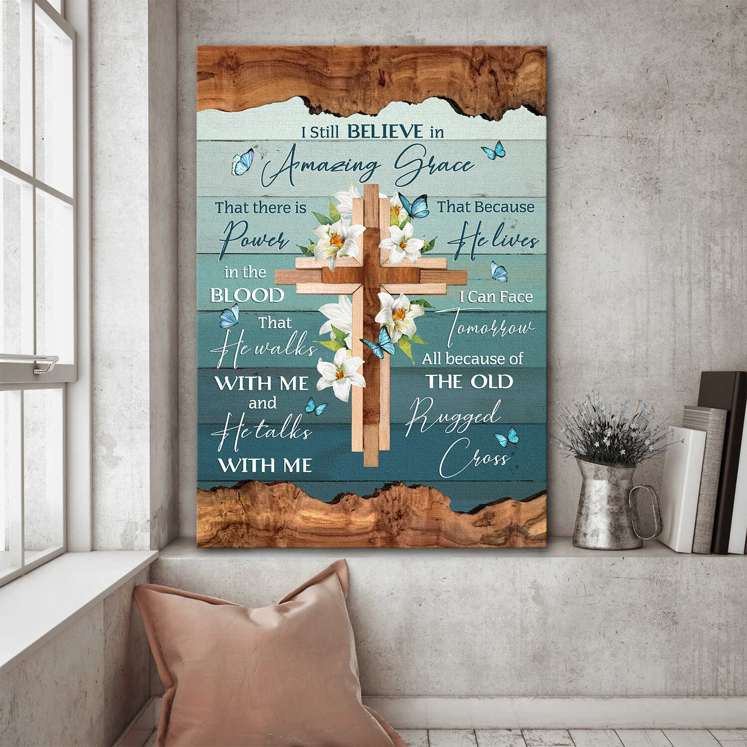 Lily painting with butterfly, Wooden cross, I still believe in amazing grace - Jesus Portrait Canvas Prints, Wall Art