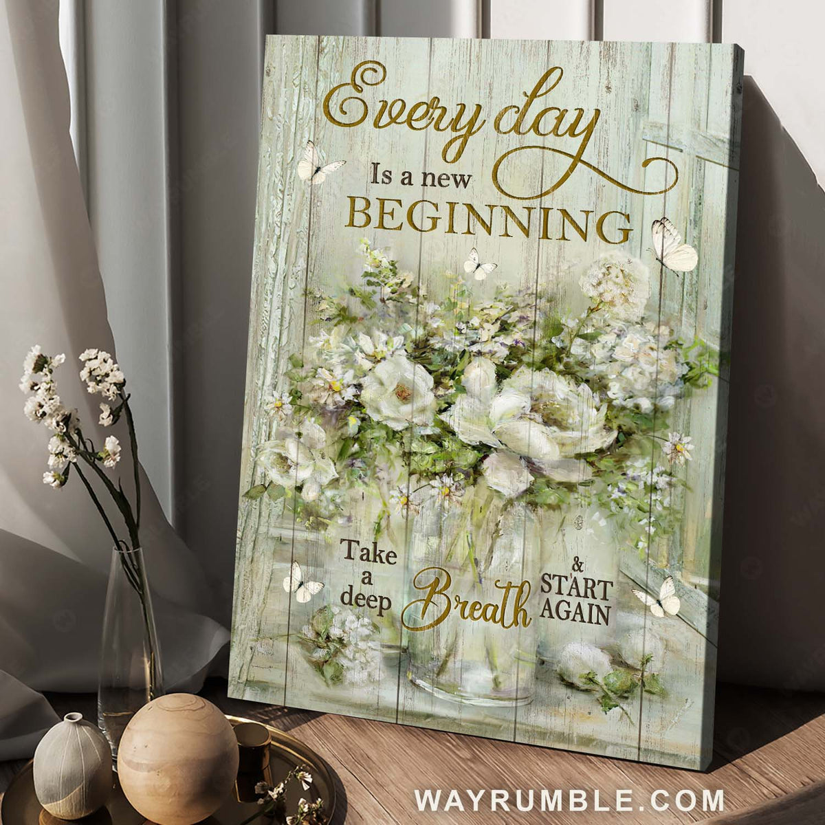 Glass vase, White flower drawing, Lovely butterfly, Every day is a new beginning - Jesus Portrait Canvas Prints, Home Decor Wall Art