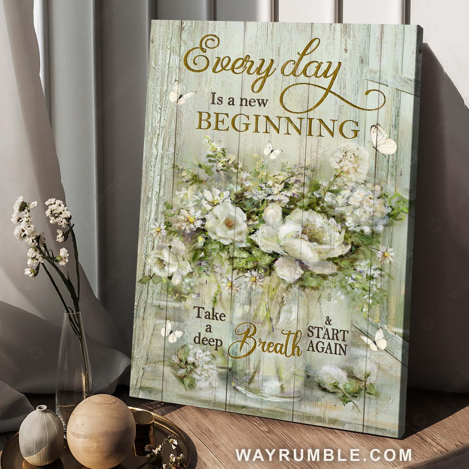 Glass vase, White flower drawing, Lovely butterfly, Every day is a new beginning - Jesus Portrait Canvas Prints, Home Decor Wall Art