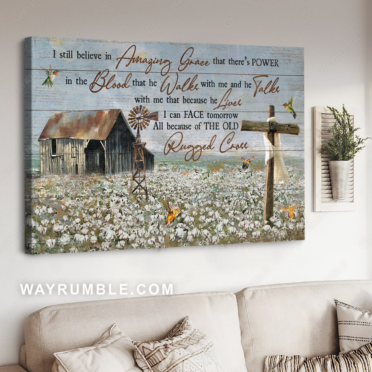 Antique farm house, Cotton flower, Wooden cross, I still believe in amazing grace - Jesus Landscape Canvas Prints, Home Decor Wall Art