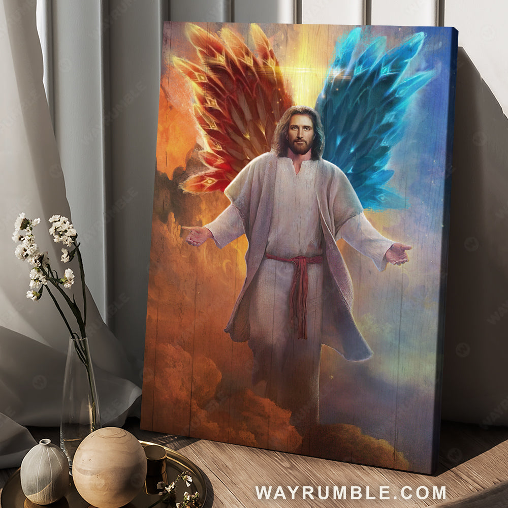 Abstract Jesus painting, Watercolor wings drawing, Amazing skies behind God - Jesus Portrait Canvas Prints, Christian Wall Art