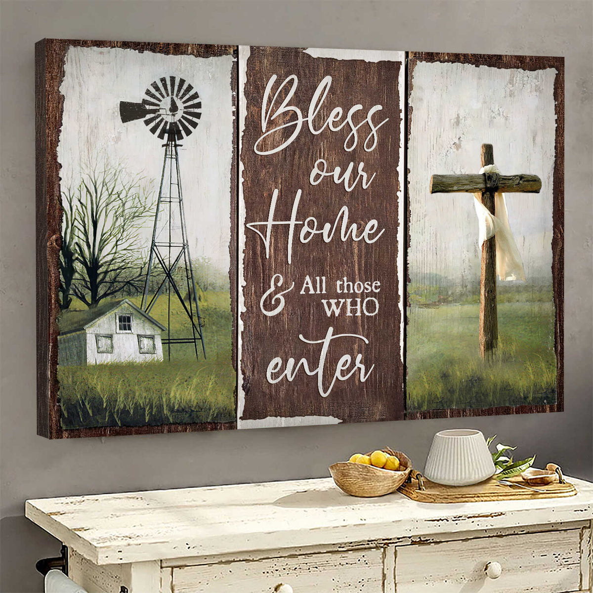 Wooden Cross, Windmill, Grassland, Bless our home and all those who enter - Jesus Landscape Canvas Prints, Wall Art