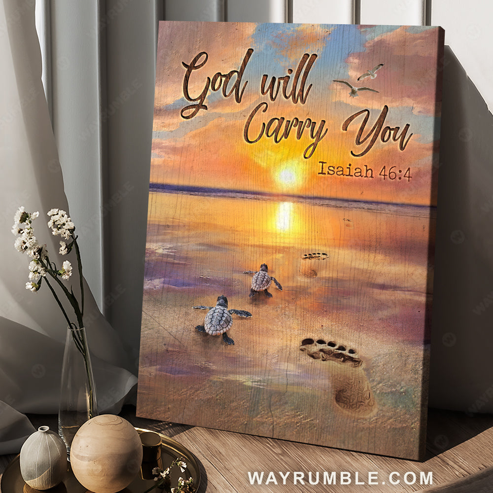 Beautiful sunrise, Sea turtle, On the beach, God will carry your - Jesus Portrait Canvas Prints, Home Decor Wall Art