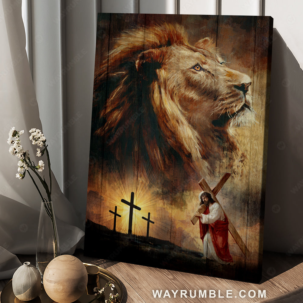Lion of Judah, Three crosses, Abstract Jesus drawing, Religious painting - Jesus Portrait Canvas Prints, Christian Wall Art