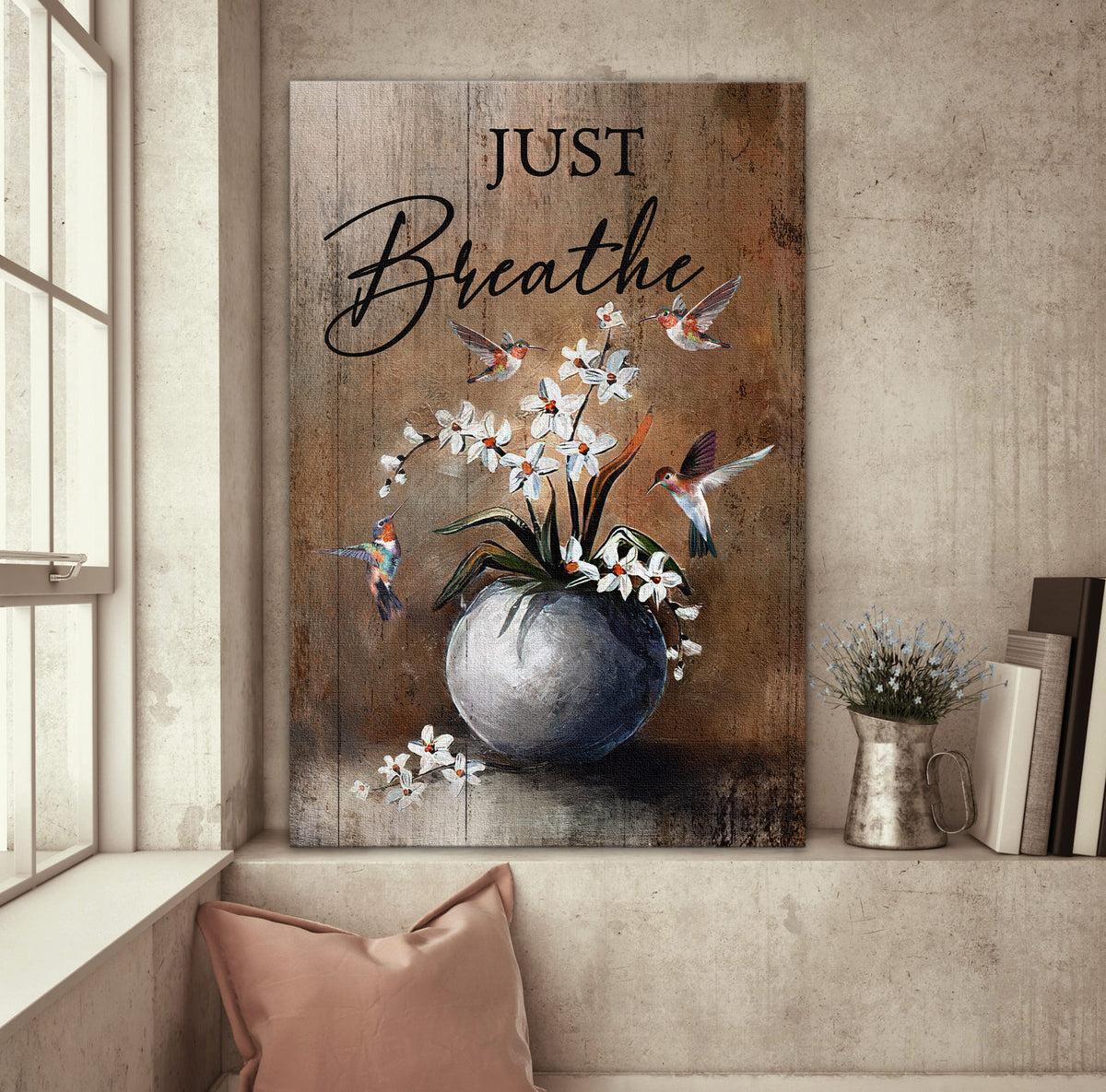 White flower vase, Hummingbird, Still Painting, Just breathe - Jesus Portrait Canvas Prints, Wall Art