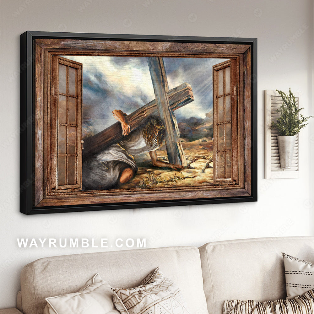 Jesus painting, Wooden cross, Wood window frame, Jesus carrying the cross - Jesus Landscape Canvas Prints, Christian Wall Art