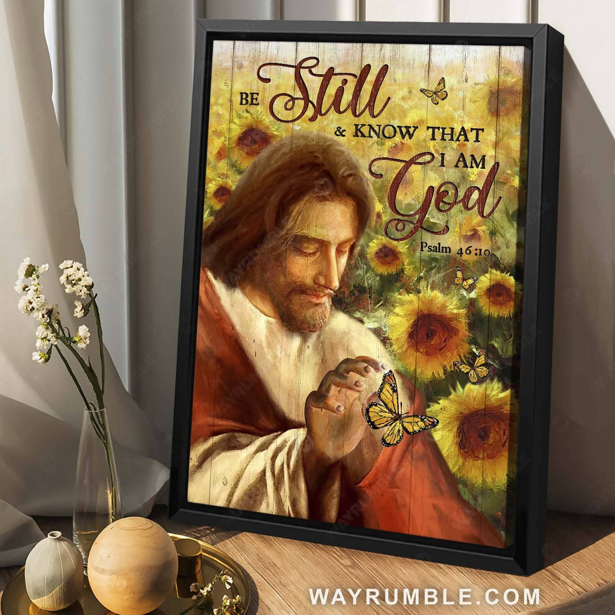 Sunflower field, Jesus painting, Monarch butterfly, Be still &amp; know that I am God - Jesus Portrait Canvas Prints, Christian Wall Art