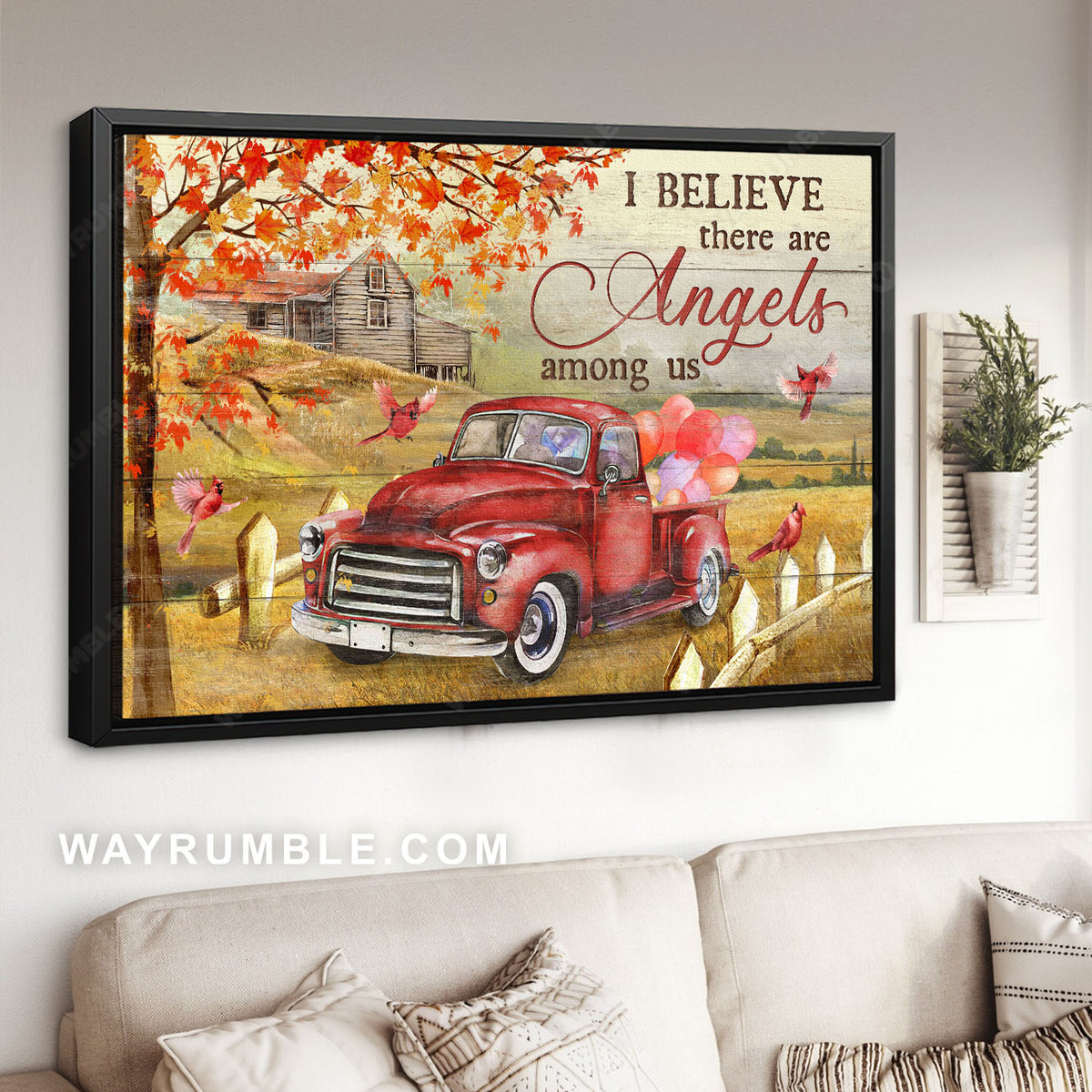 Autumn season, Red truck, Farmland painting, I believe there are angels among us - Jesus Landscape Canvas Prints, Home Decor Wall Art