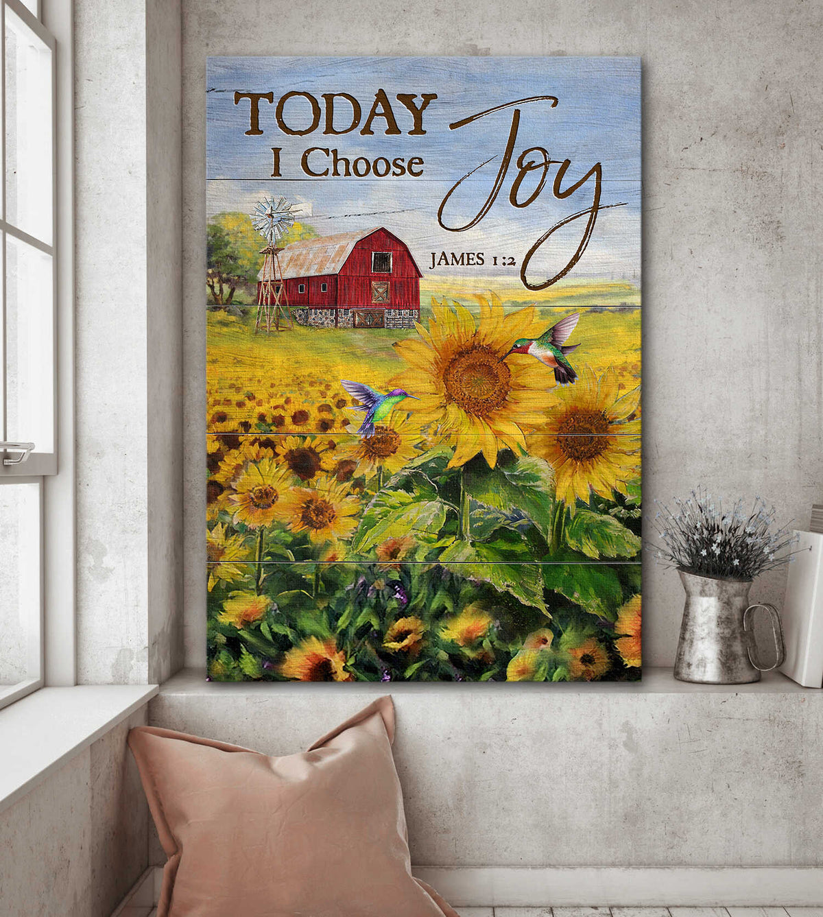 Sunflower field, Hummingbird, Red Barn, Today I choose joy - Jesus Portrait Canvas Prints, Wall Art