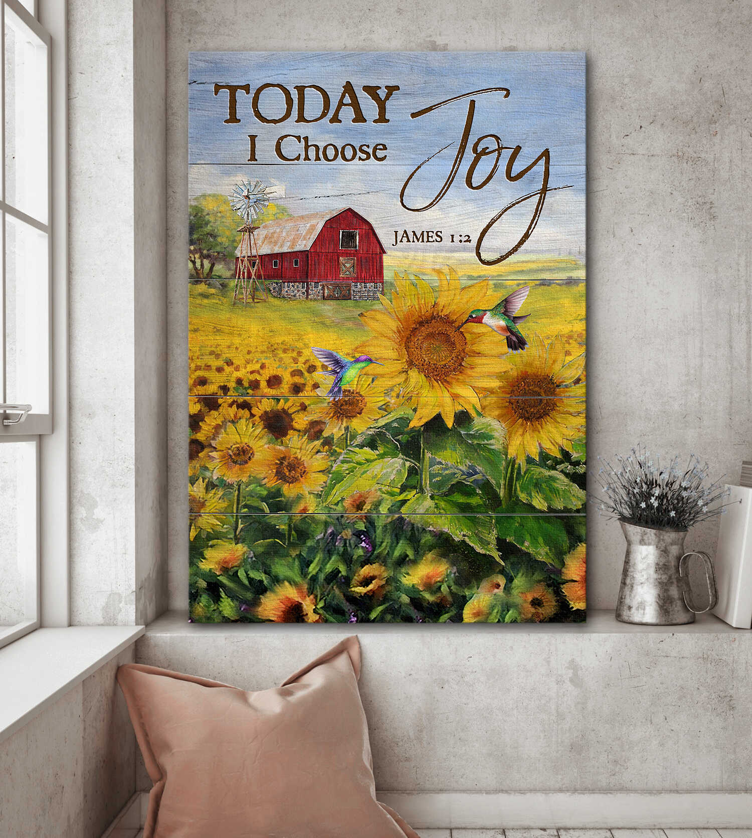 Sunflower field, Hummingbird, Red Barn, Today I choose joy - Jesus Portrait Canvas Prints, Wall Art