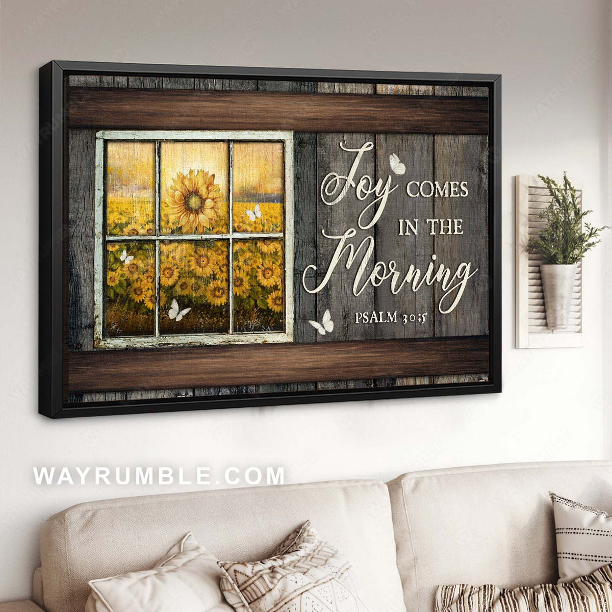 Stunning sunflower field, White butterfly, Bible verse, Joy comes in the morning - Jesus Landscape Canvas Prints, Christian Wall Art