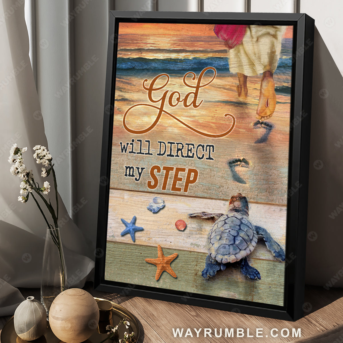 Sea turtle, Follow Jesus, On the beach, God will direct my step - Jesus Portrait Canvas Prints, Christian Wall Art