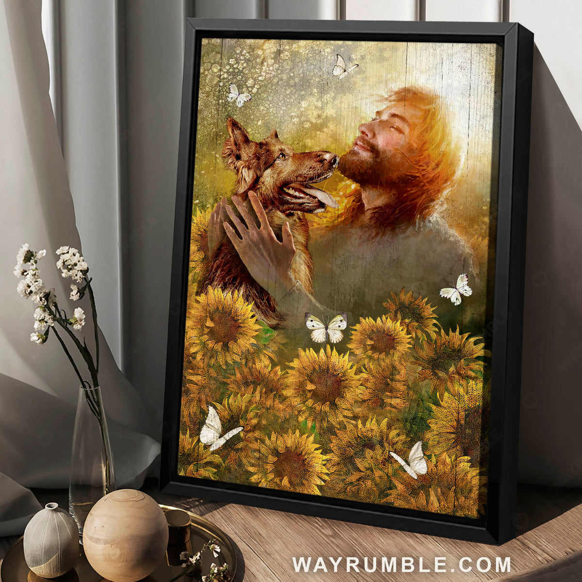 German Shepherd dog, Abstract Jesus painting, Sunflower field, White butterfly - Jesus Portrait Canvas Prints, Christian Wall Art