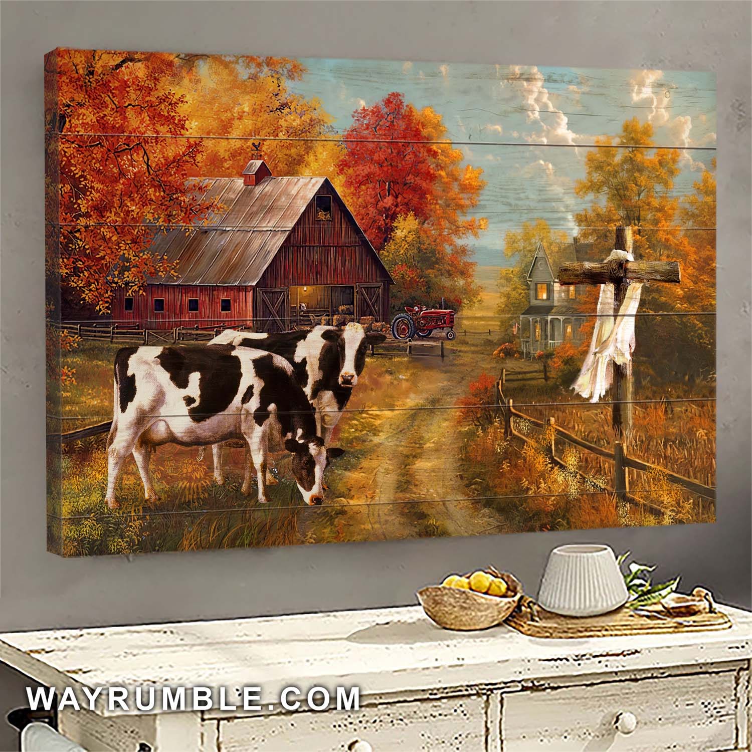 Cows on the autumn farm - Jesus Landscape Canvas Print - Wall Art