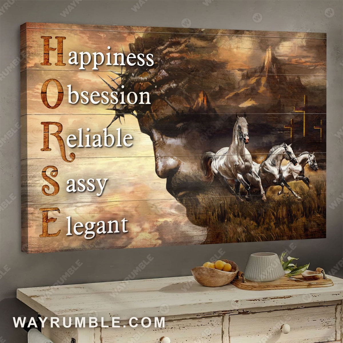 Horse, Wild horses, Cross - Happiness, obsession, reliable, sassy, elegant Jesus Landscape Canvas Prints, Wall Art