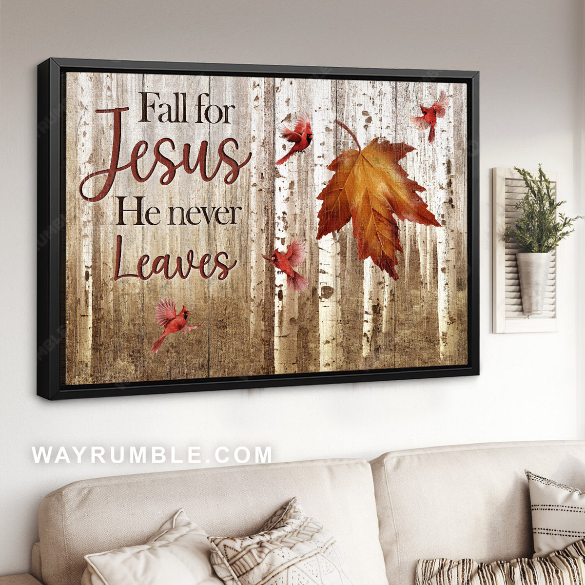Autumn season, Red cardinal, Birch tree painting, Fall for Jesus, he never leaves - Jesus Landscape Canvas Prints, Home Decor Wall Art