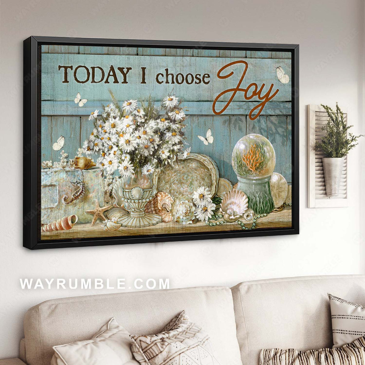 Daisy flower vase, Seashell drawing, Gift from the sea, Today I choose joy - Jesus Landscape Canvas Prints,Home Decor Wall Art
