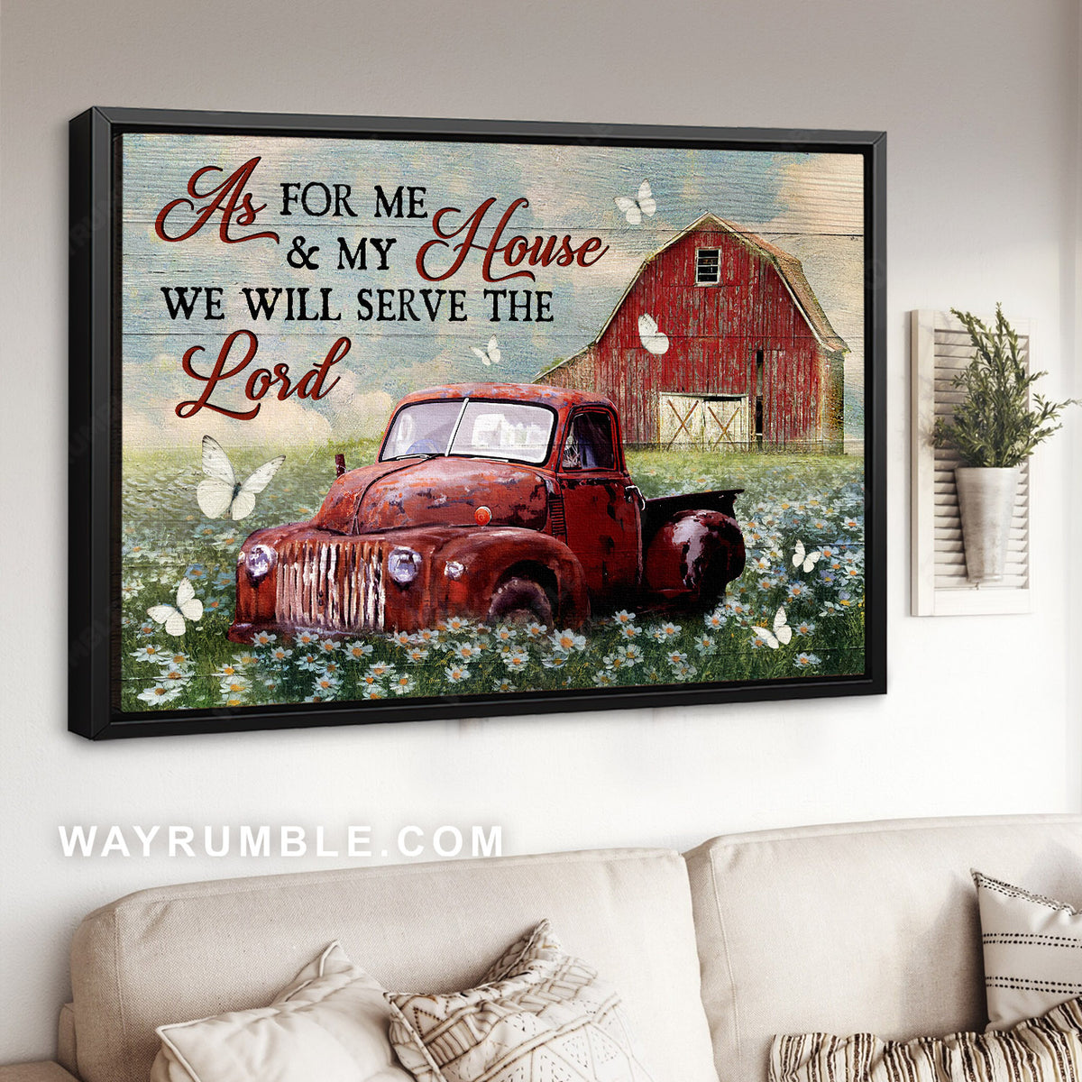 Stunning daisy field, Old red truck, White butterfly, We will serve the Lord - Jesus Landscape Canvas Prints, Christian Wall Art