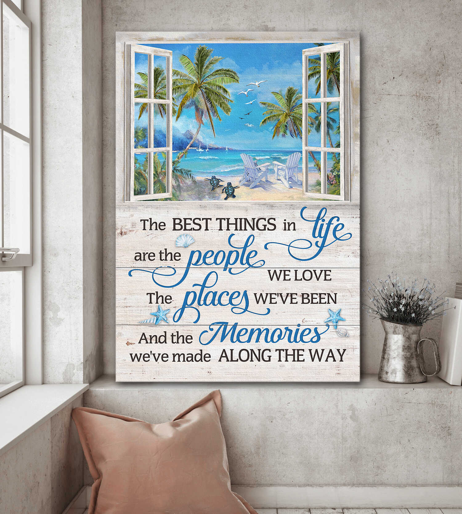 Fresh beach landscape, Turtle, Chair Couple, Through the window, The best thing in life - Jesus Portrait Canvas Prints, Wall Art
