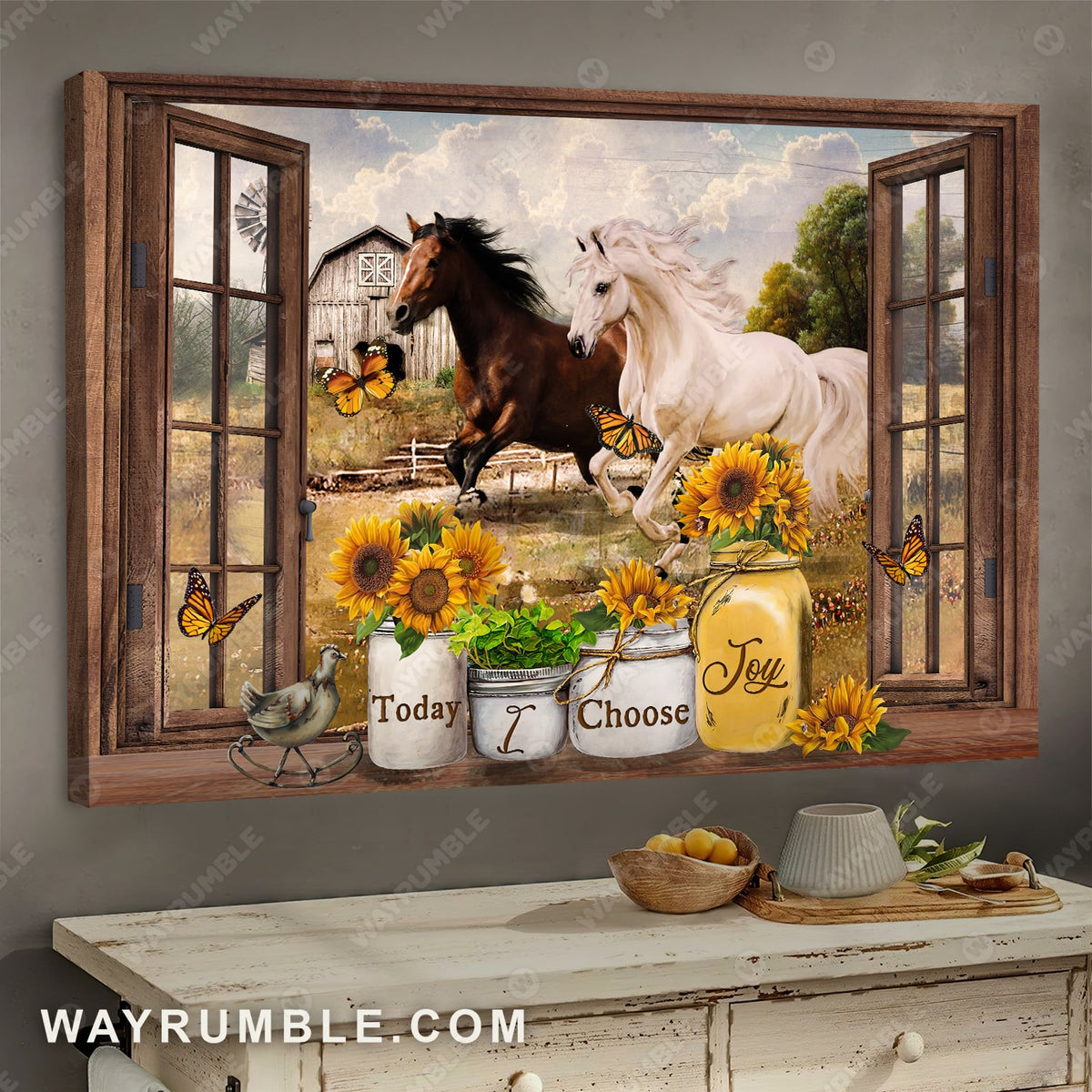 Horse, Butterfly, Sunflower, Farm, Today I choose joy - Jesus Landscape Canvas Prints, Wall Art