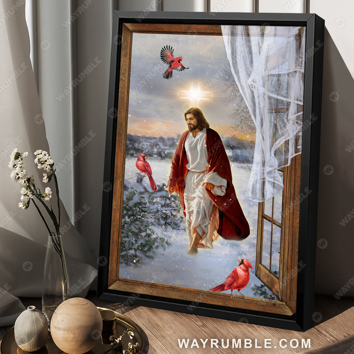 Snow valley, Red cardinal, Window drawing, Walking with Jesus - Jesus Portrait Canvas Prints, Christian Wall Art