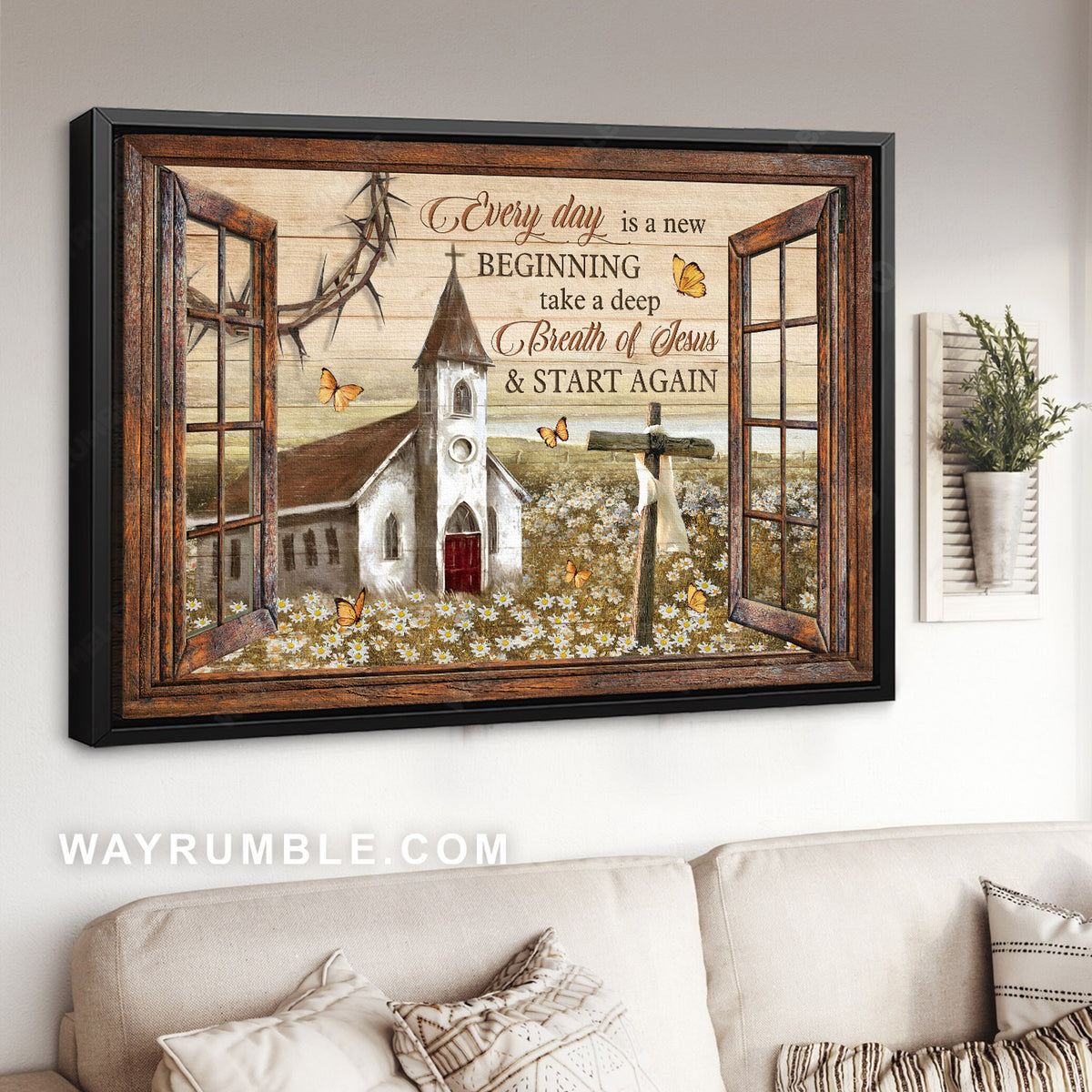 Daisy field, Old church, Monarch butterfly, Cross, Every day is a new beginning - Jesus Landscape Canvas Prints, Home Decor Wall Art