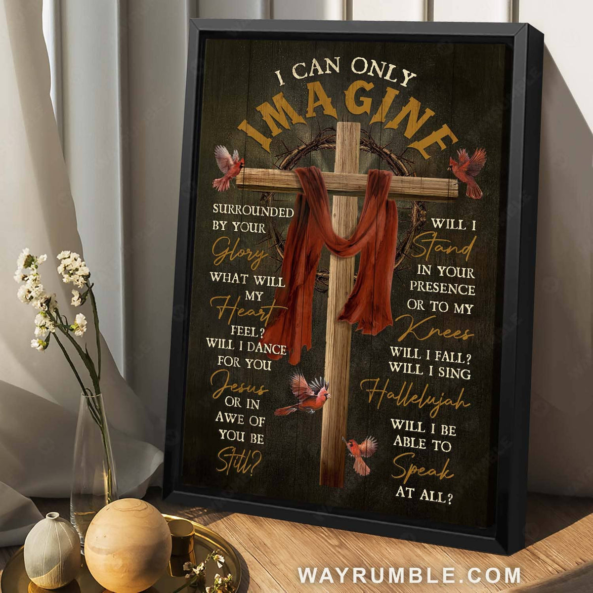Wooden cross, Crown of thorns, Red cardinal, Religious song, I can only imagine - Jesus Portrait Canvas Prints, Home Decor Wall Art