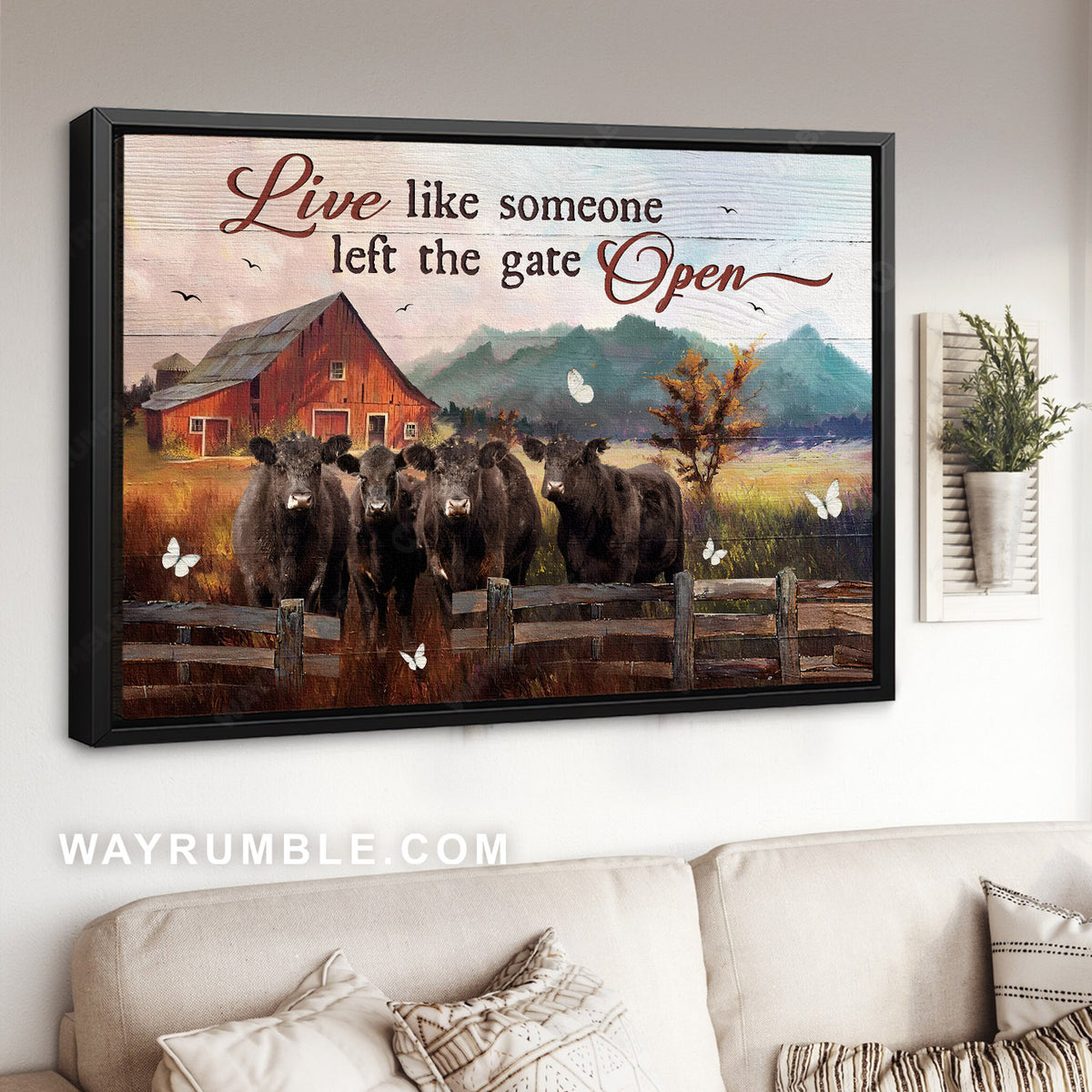 Peaceful farm, Angus cow, White butterfly, Live like someone left the gate open - Jesus Landscape Canvas Prints, Christian Wall Art