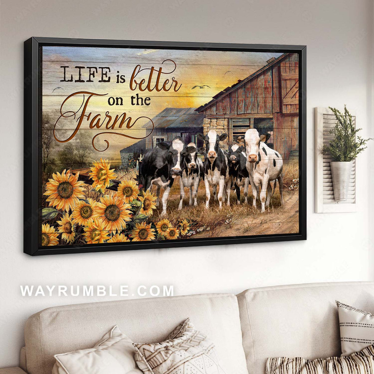 Dairy cows, Rustic farmhouse, Sunflower field, Life is better on the farm - Jesus Landscape Canvas Prints, Home Decor Wall Art