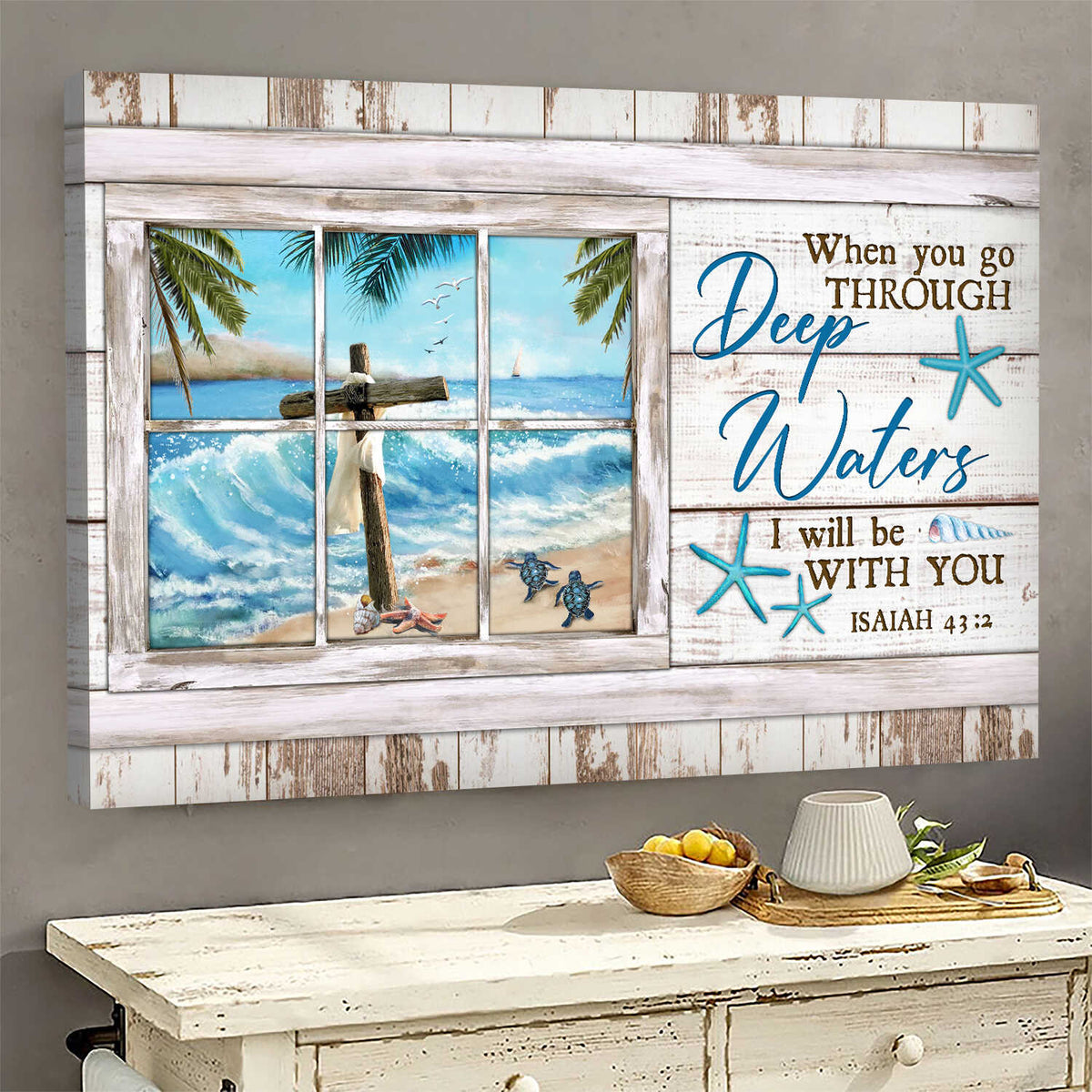 Jesus, Cross, Ocean - When you go through deep water, I will be with you Landscape Canvas Prints, Wall Art