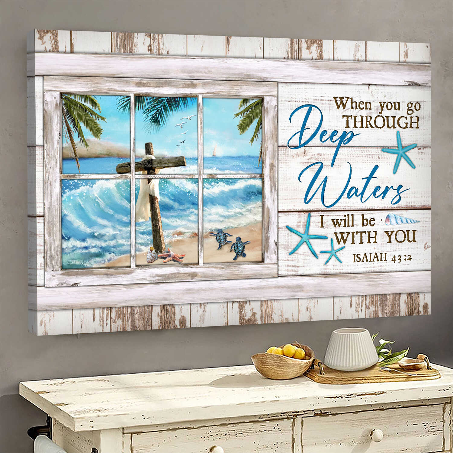 Jesus, Cross, Ocean - When you go through deep water, I will be with you Landscape Canvas Prints, Wall Art