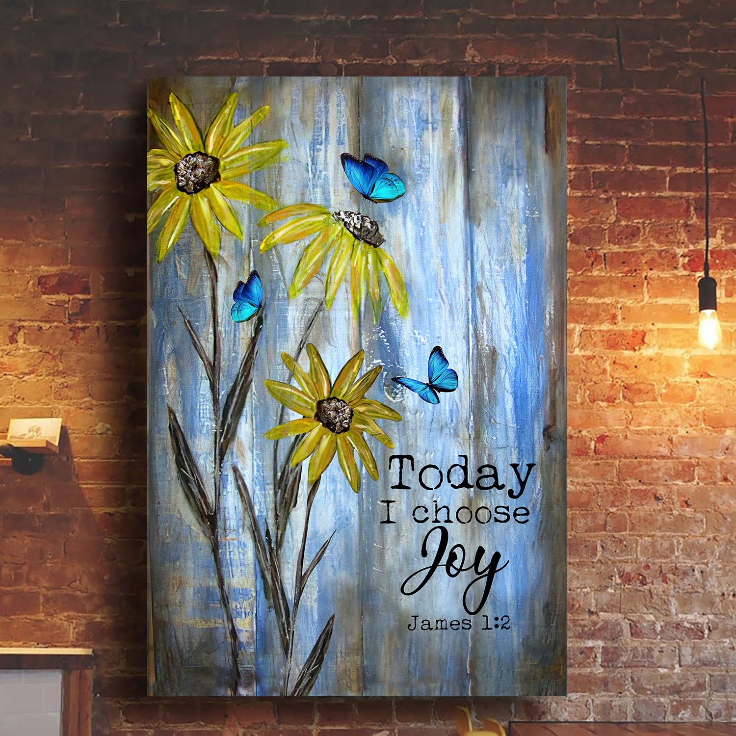 Blue butterfly, Sunflower, Still Painting, Today I choose joy - Jesus Portrait Canvas Prints, Wall Art