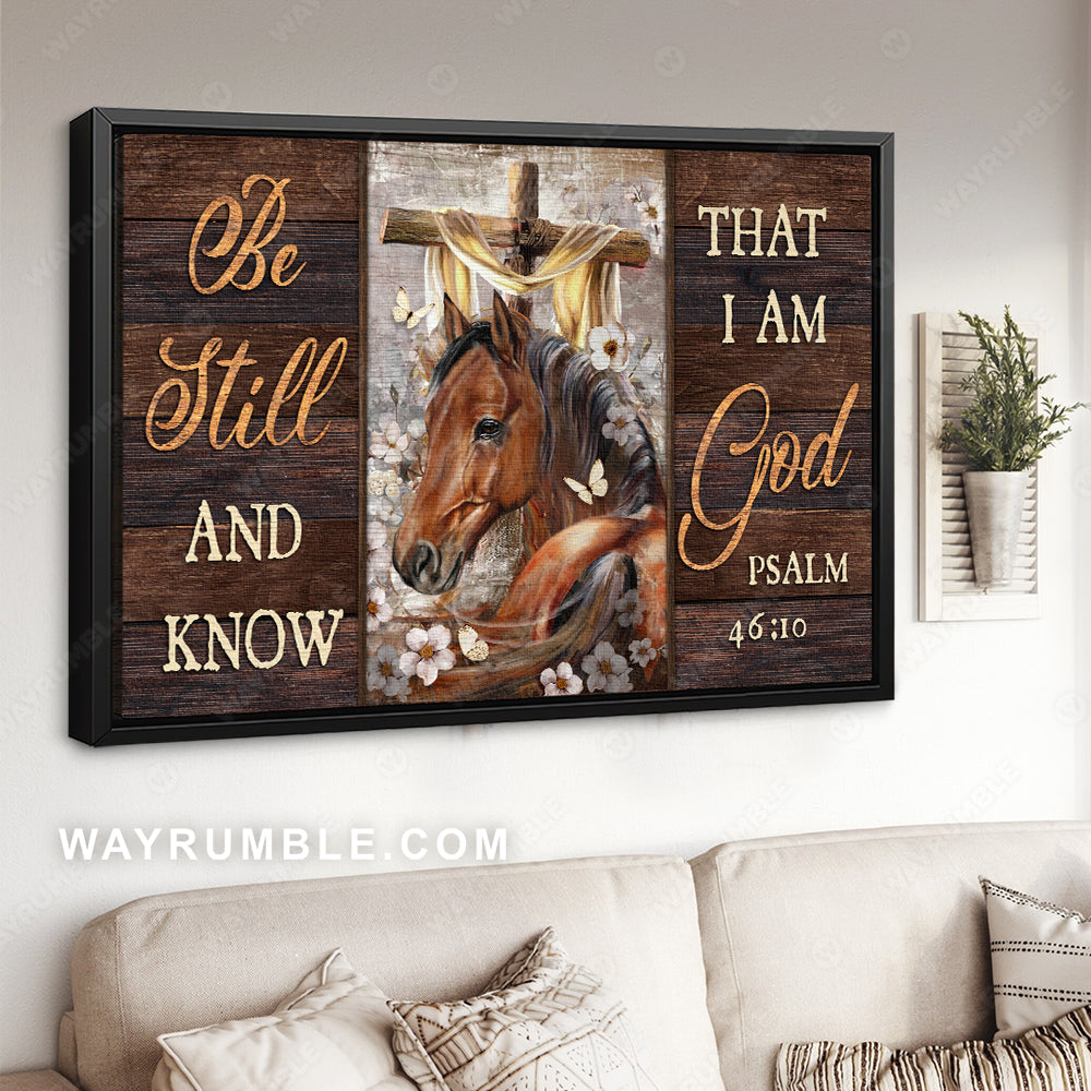 Brown horse, Cherry blossom, Wooden cross, Be still and know that I am God - Jesus Landscape Canvas Prints, Home Decor Wall Art