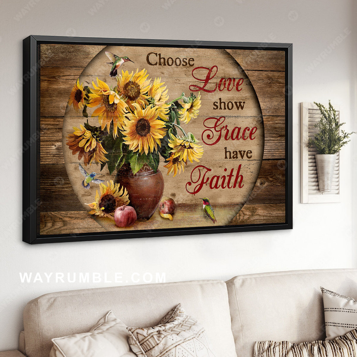 Hummingbird drawing, Sunflower vase, Choose love, show grace, have faith - Jesus Landscape Canvas Prints, Home Decor Wall Art