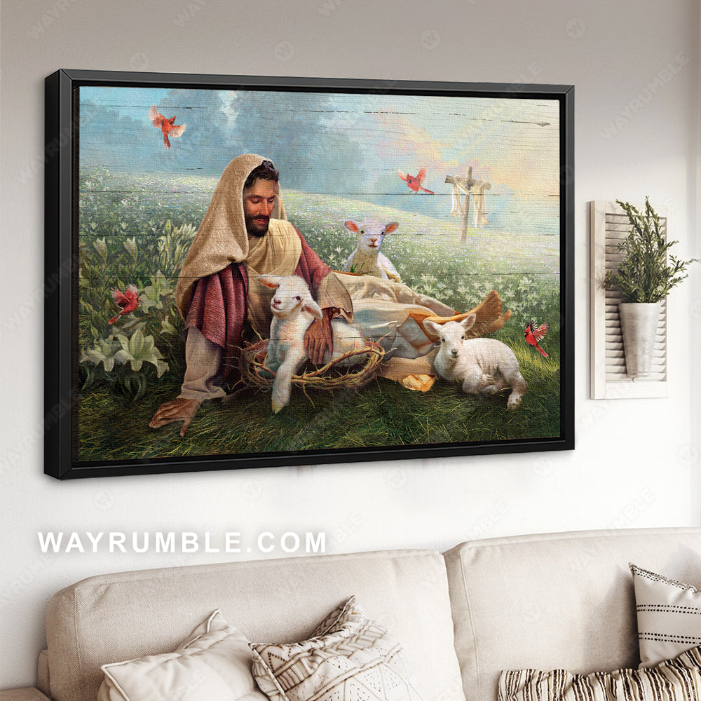Flower field, Lily flower, Jesus painting, Lamb of God, Crown of thorns - Jesus Landscape Canvas Prints, Christian Wall Art