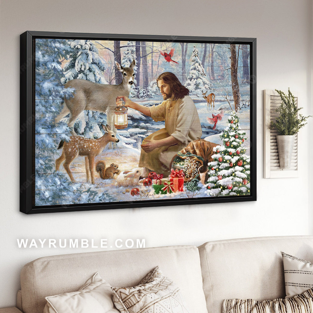 Christmas tree, Snow forest, Jesus painting, Lovely wild animals - Jesus Landscape Canvas Prints, Christian Wall Art