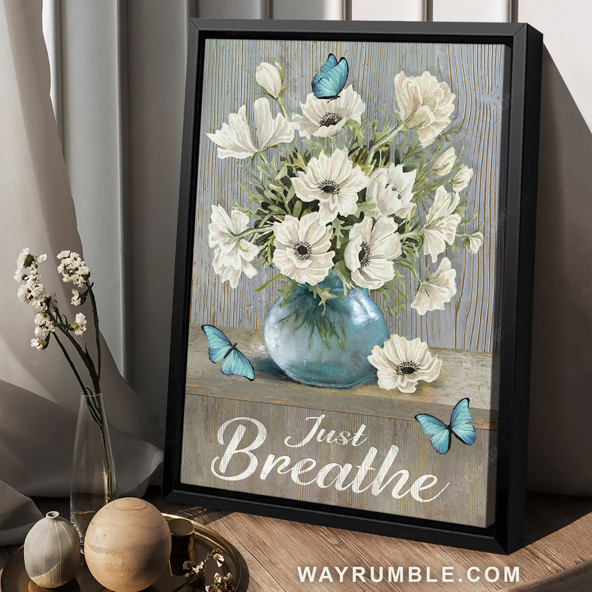 Blue butterfly, White flower painting, Lovely glass vase, Just breathe - Jesus Portrait Canvas Prints, Home Decor Wall Art