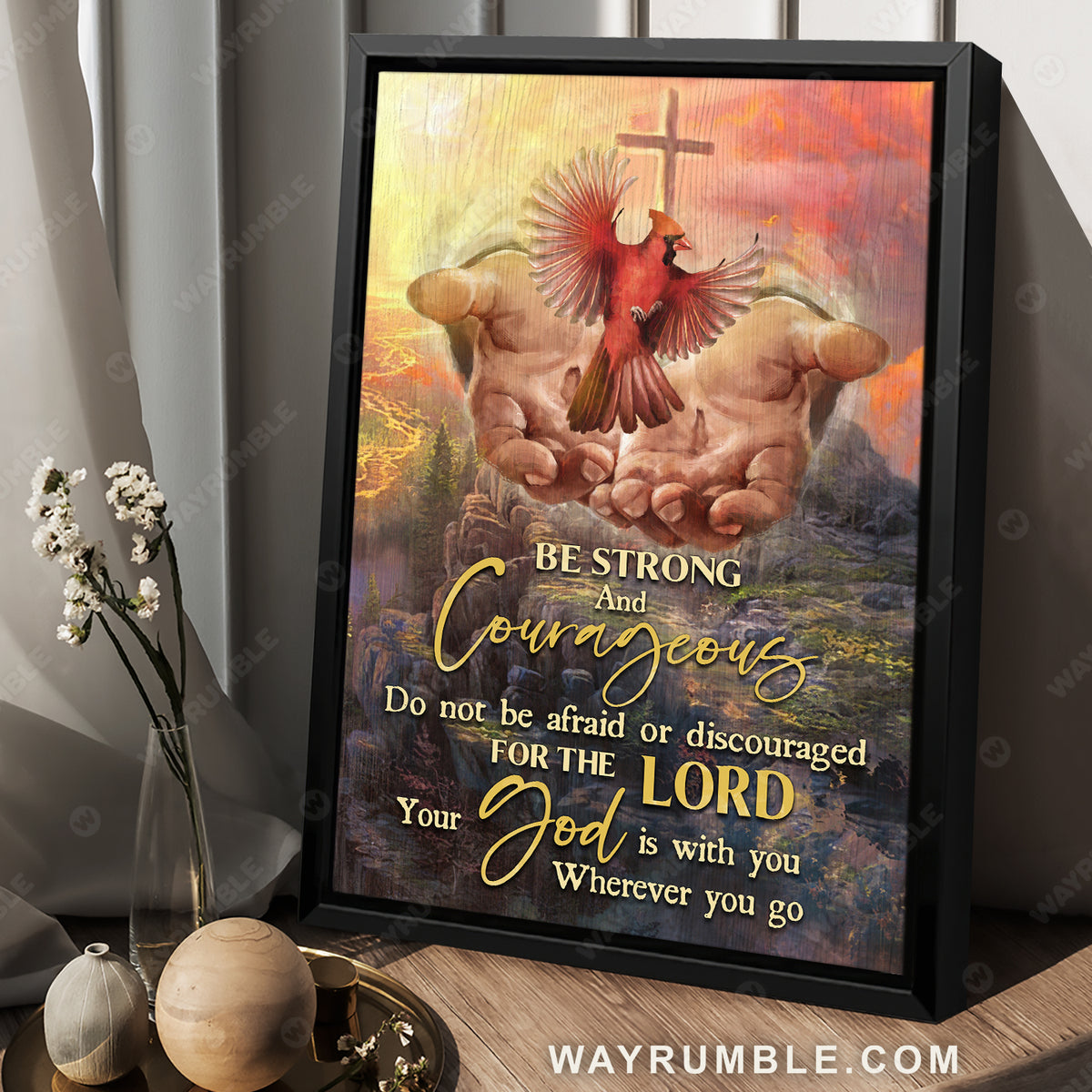 Red cardinal, Beautiful sunrise, Bible verse, Your God is with you wherever you go - Jesus Portrait Canvas Prints, Christian Wall Art