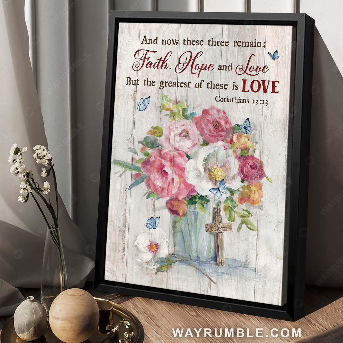 Gorgeous flower vase, Blue buttefly, Wooden cross, Faith, Hope and Love - Jesus Portrait Canvas Prints, Home Decor Wall Art