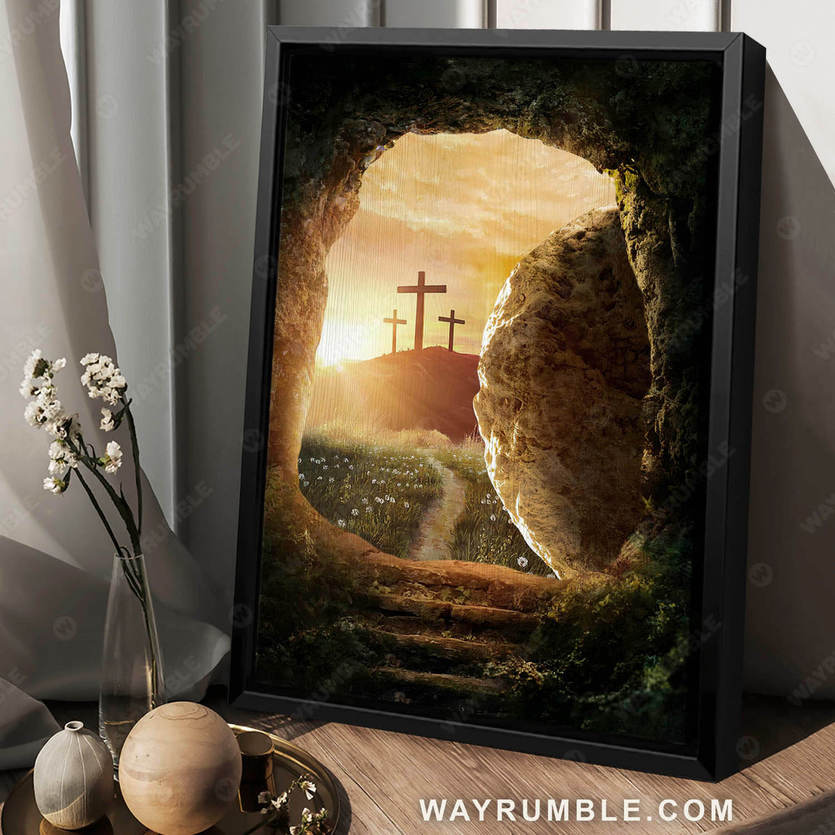 Amazing cave, Beautiful sunrise, Three crosses, The path to paradise - Jesus Portrait Canvas Prints, Christian Wall Art