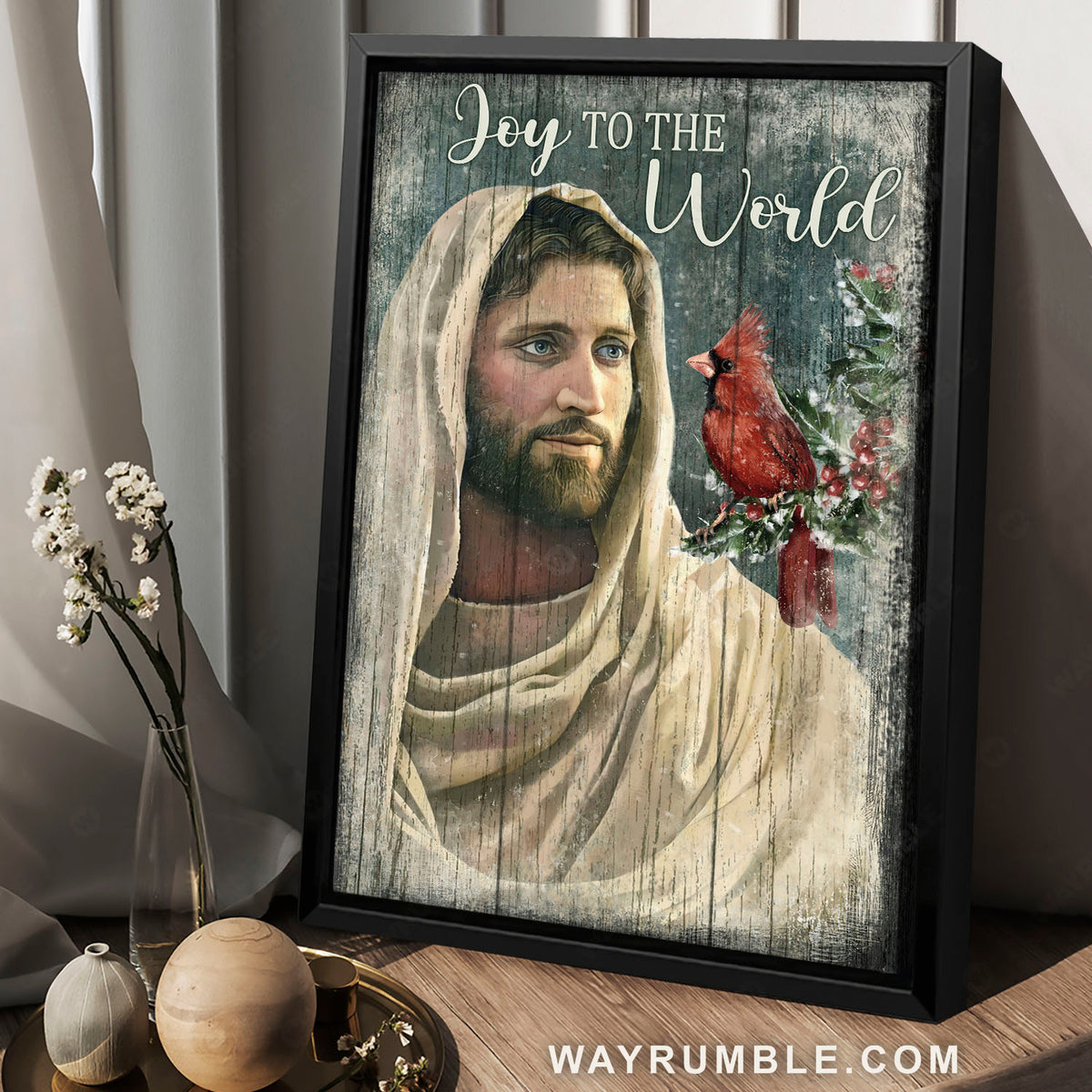 Cranberry tree, Red cardinal, Jesus painting, Joy to the world - Jesus Portrait Canvas Prints, Christian Wall Art