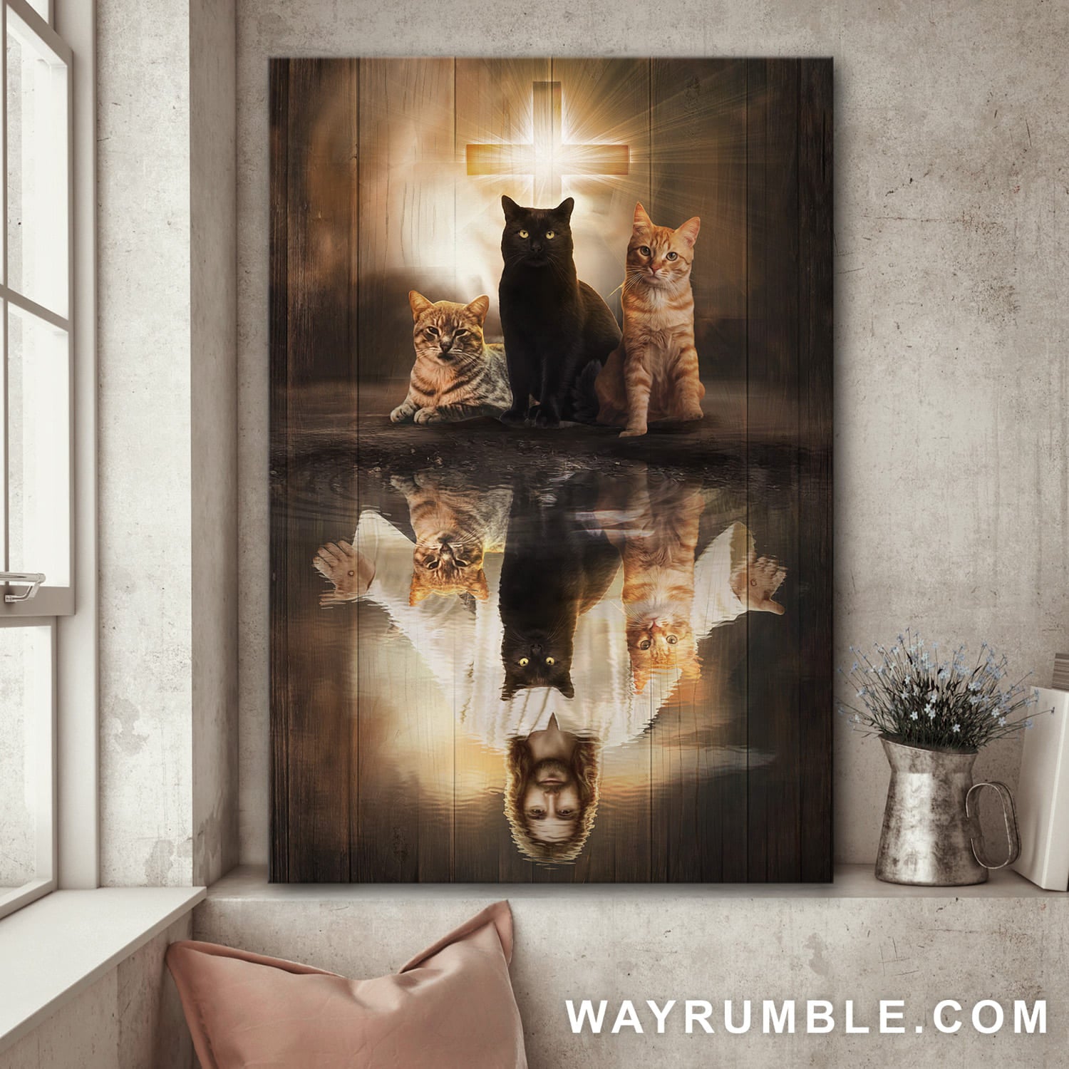 Jesus Painting, Lovely cat, Light Cross - Jesus Portrait Canvas Prints, Wall Art