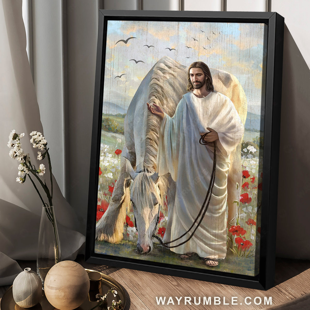 Gorgeous white horse, Jesus painting, Poppy flower, Beautiful flower field - Jesus Portrait Canvas Prints, Christian Wall Art