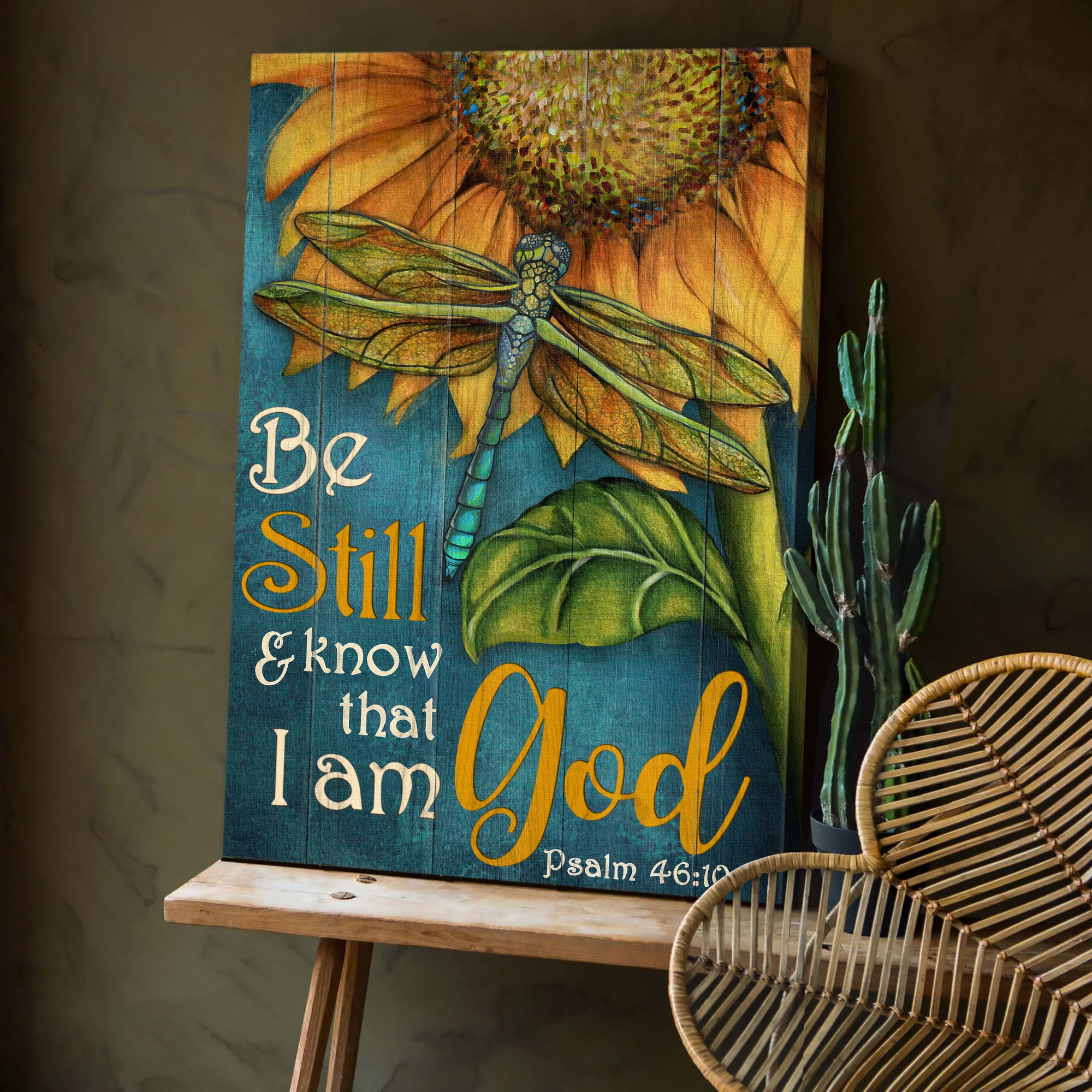Sunflower painting, Dragonfly, Be still and know that I am God - Jesus Portrait Canvas Prints Wall Art