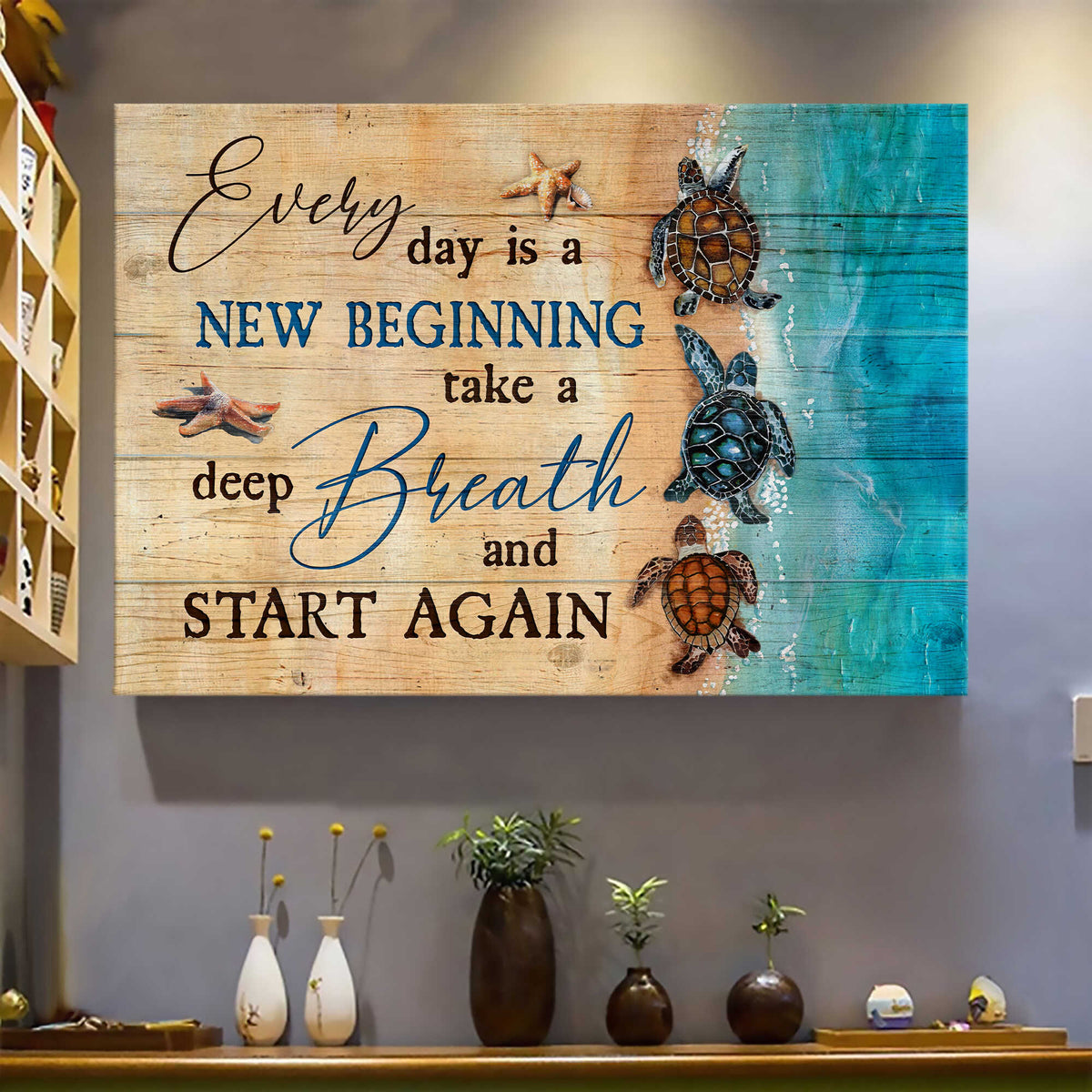 Turtles in ocean, Beach painting, Every day is a new beginning - Jesus Landscape Canvas Prints, Wall Art