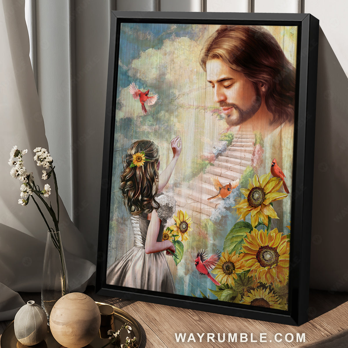 Jesus painting, Awesome red cardinal, Lovely sunflower, Girl and path to heaven - Jesus Portrait Canvas Prints, Christian Wall Art